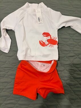 Janie and Jack Kids' White Rash Guard Set with  Red Lobster and Shorts